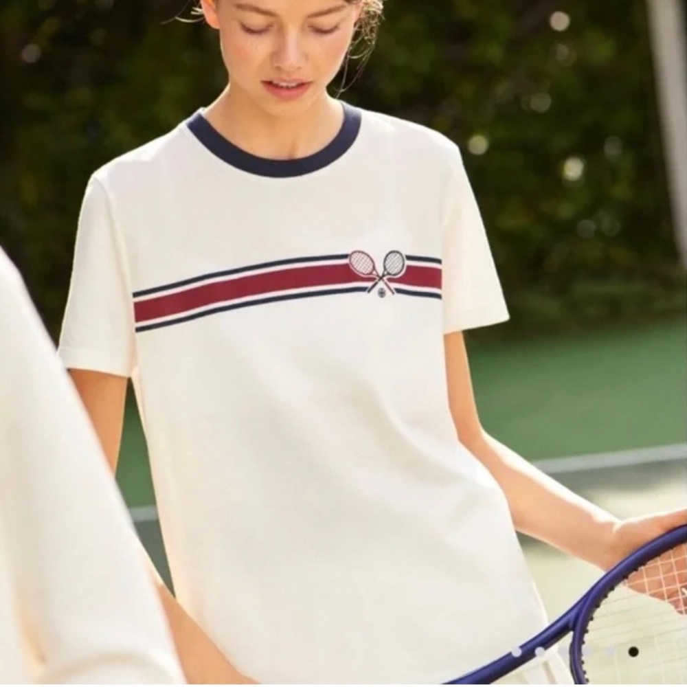 TORY BURCH TORY SPORT RACQUET-STRIPE PIQUE TOP